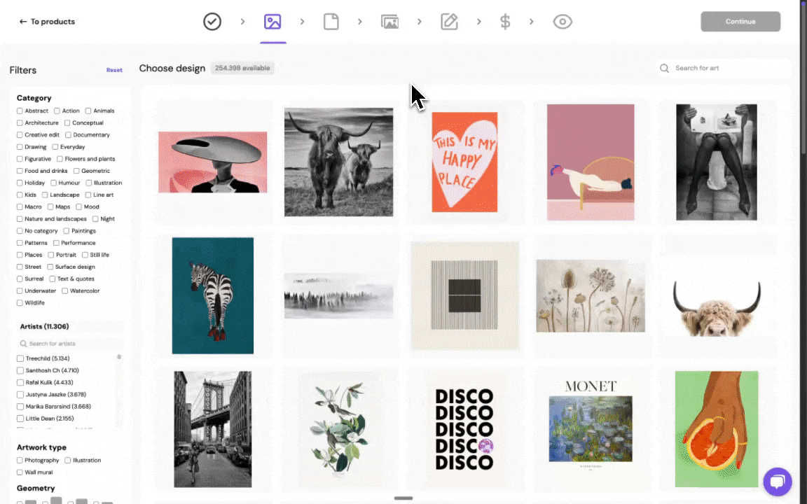 Art library preview showing 200k+ licensed artworks